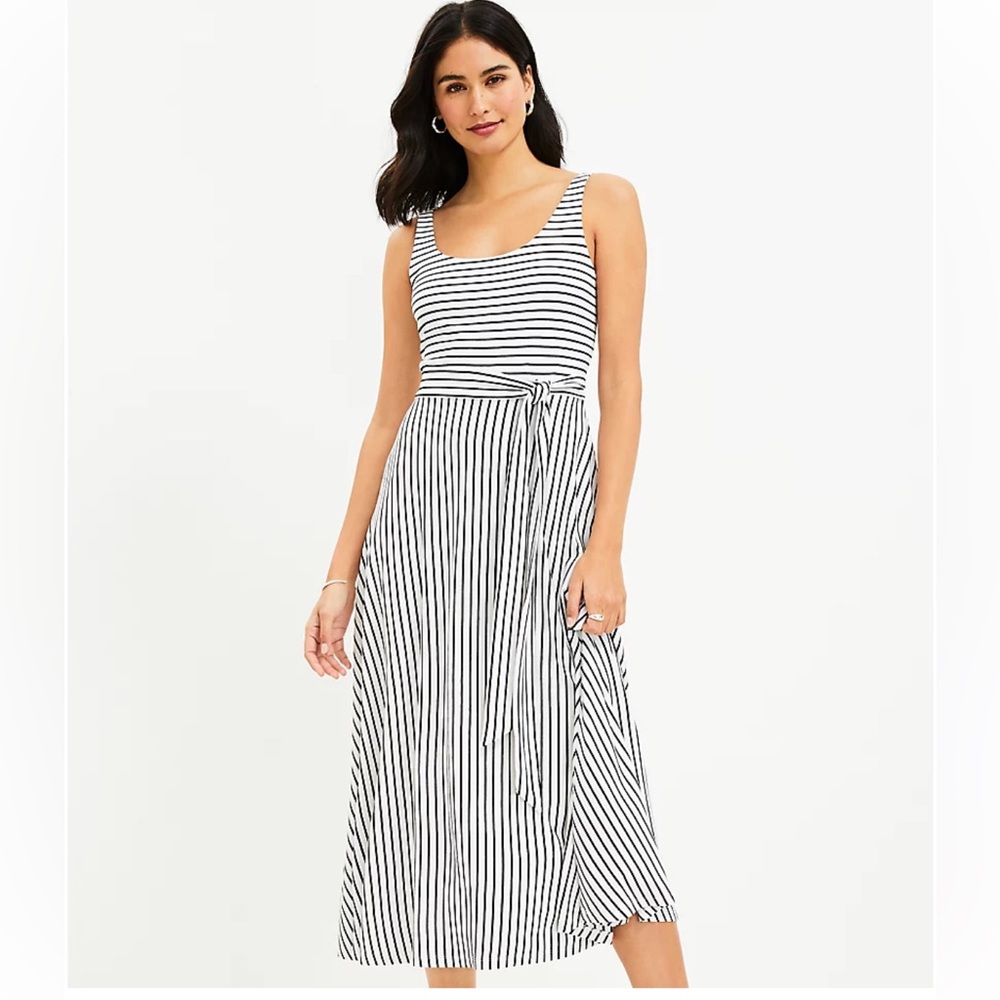 Loft Navy White Sleeveless Tie Waist Midi Dress